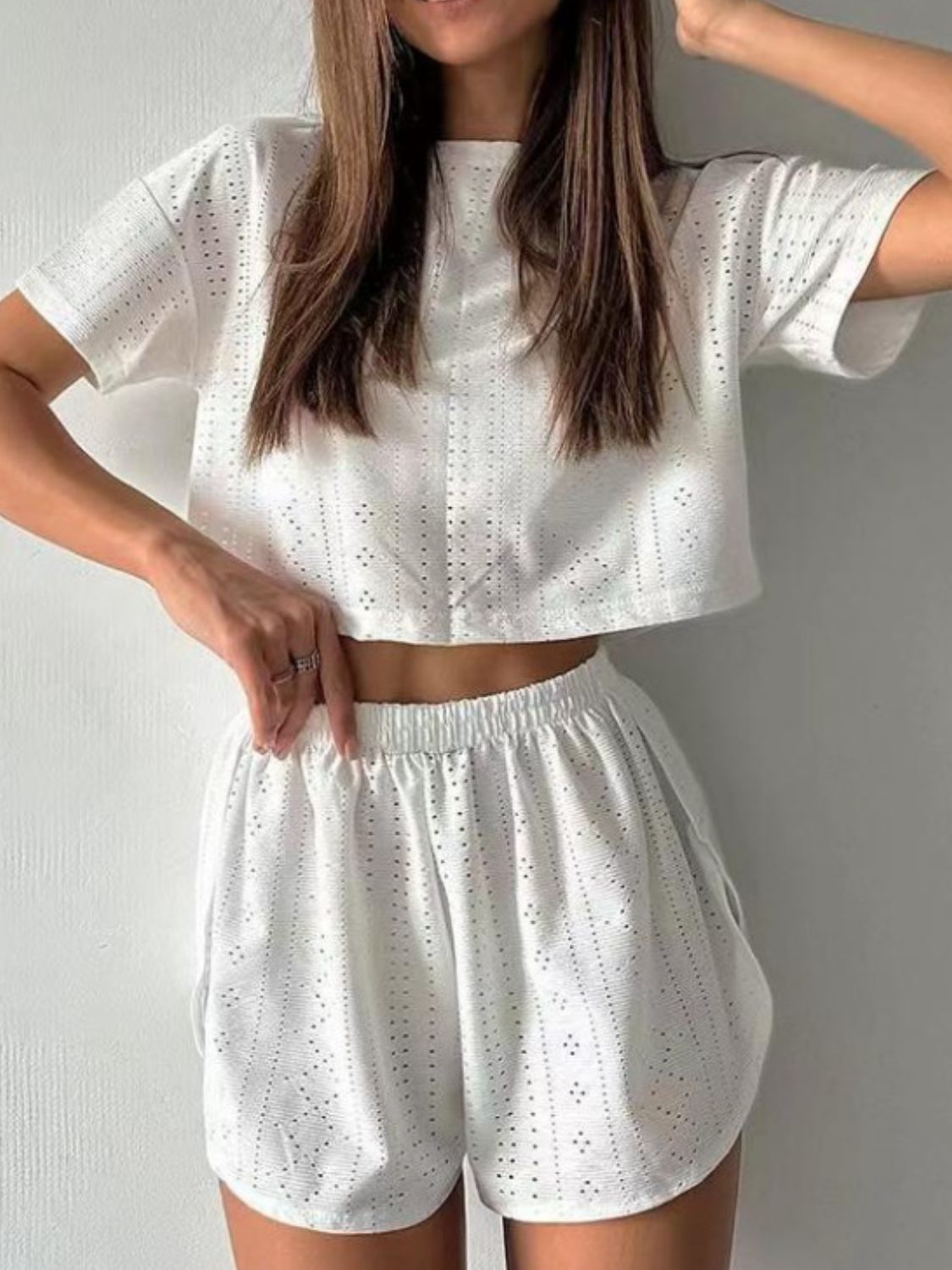 Eyelet Round Neck Top and Shorts Set - Babbazon new