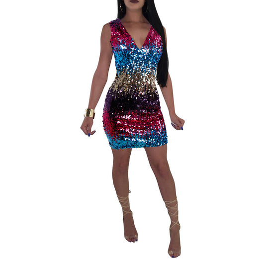 Sleeveless Bag Hip Deep V Sequin Dress Contrast Color Skirt