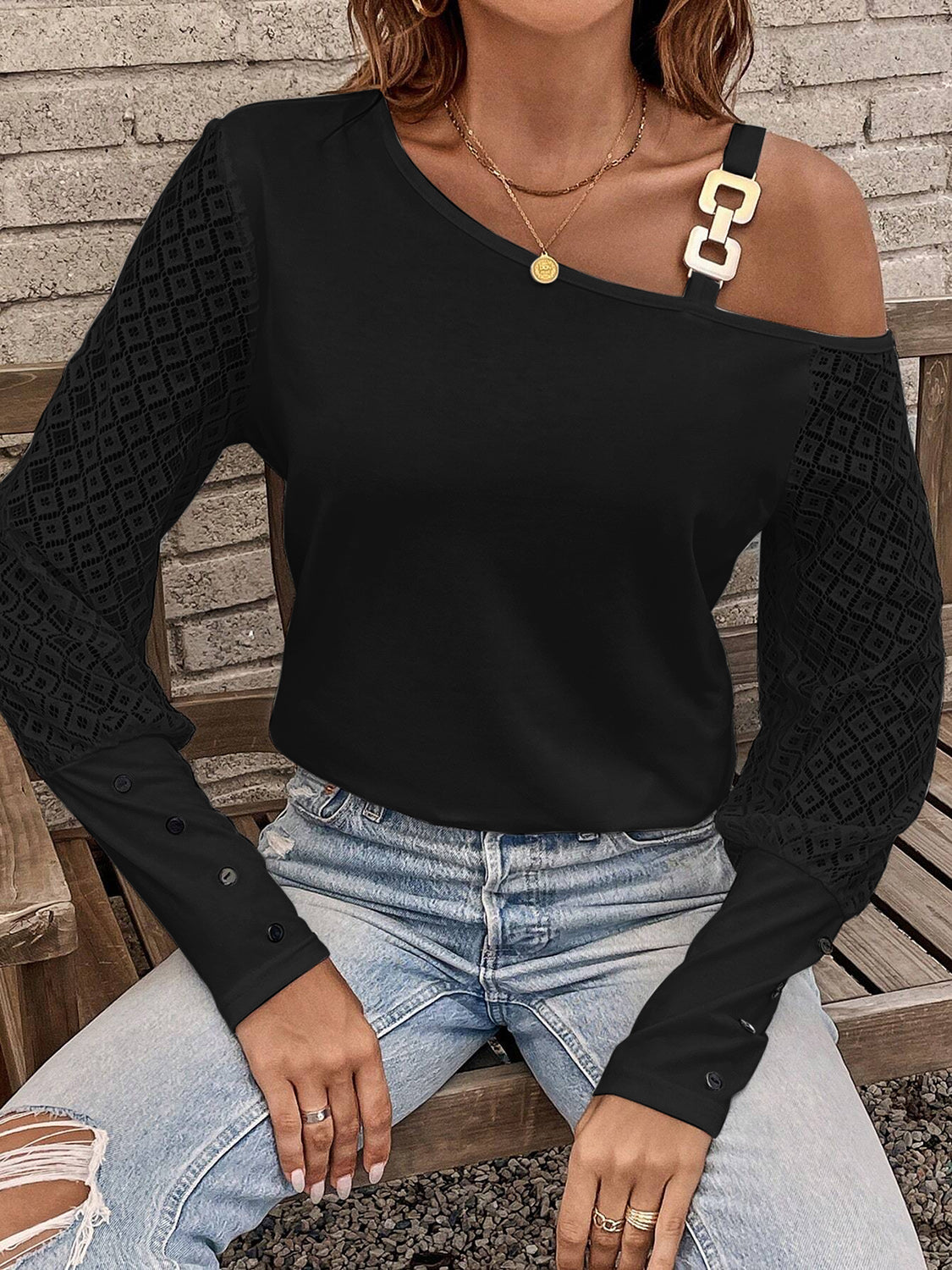 Asymmetrical Neck Lace Long Sleeve T-Shirt 