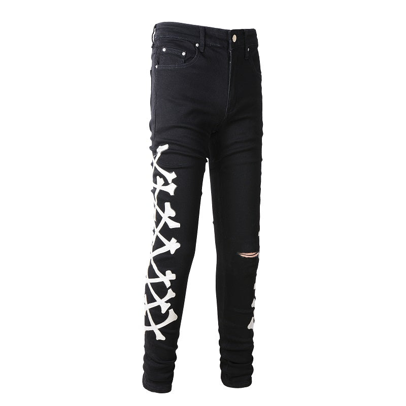 Men's Black Stretch Slim-Fit Jeans With Silver Bone Cutter