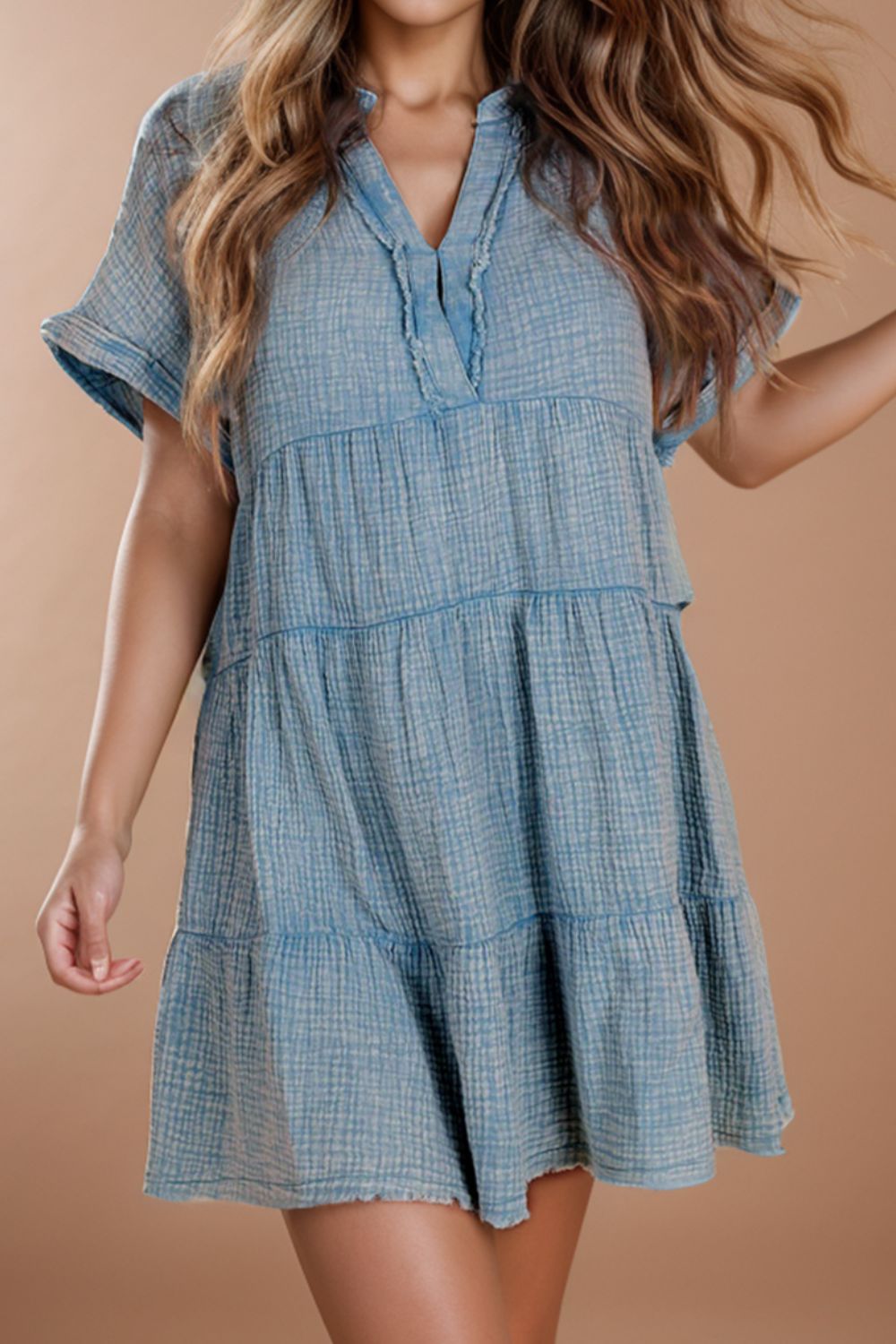 Tiered Notched Short Sleeve Dres - Babbazon New Products