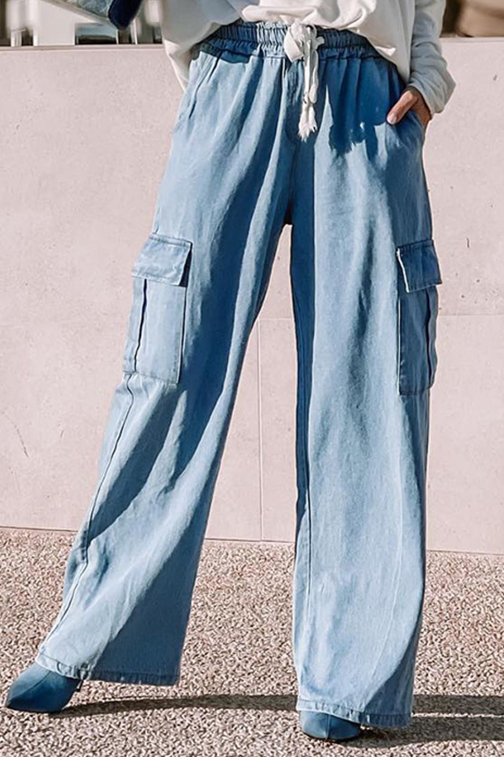 Drawstring Wide Leg Jeans with Pockets - Babbazon New Products