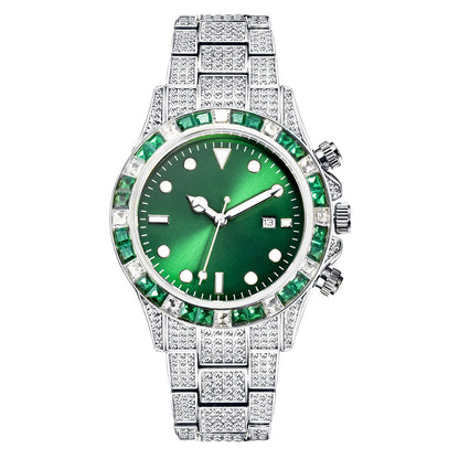 High-grade Diamond-encrusted Di Tone Full Diamond-green Disk Sun Pattern Luminous Quartz Watch