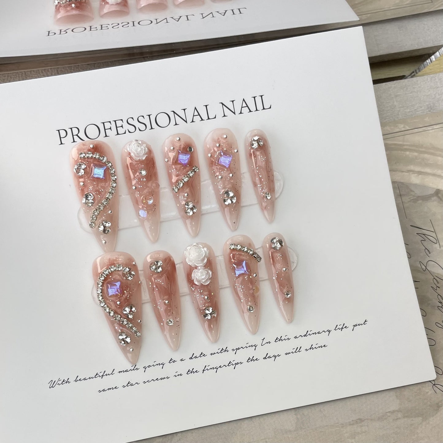 Handmade Phototherapy Wear Nail Almond Full Diamond Camellia