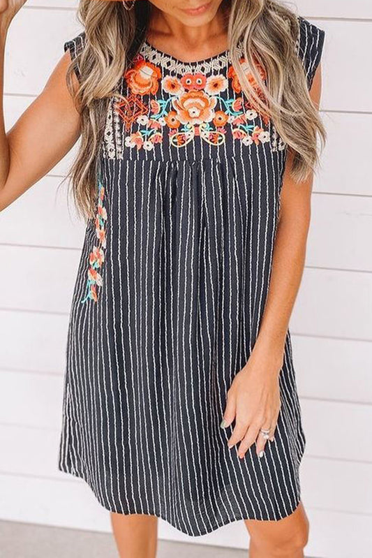 Navy Blue Boho Striped Cap Sleeve Embroidered Short Dress - Babbazon Short Dresses