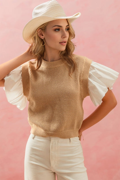 OH Full Size Ruffled Round Neck Short Sleeve Sweater