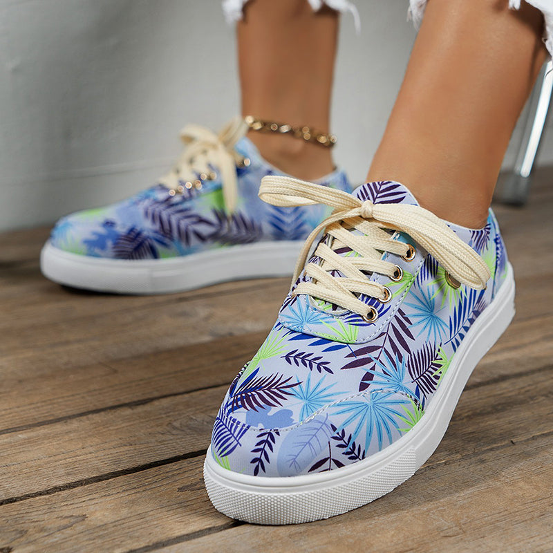 Canvas Shoes For Women Lace-Up Flats Leaves Print Casual Sneakers Round Toe Shoes 