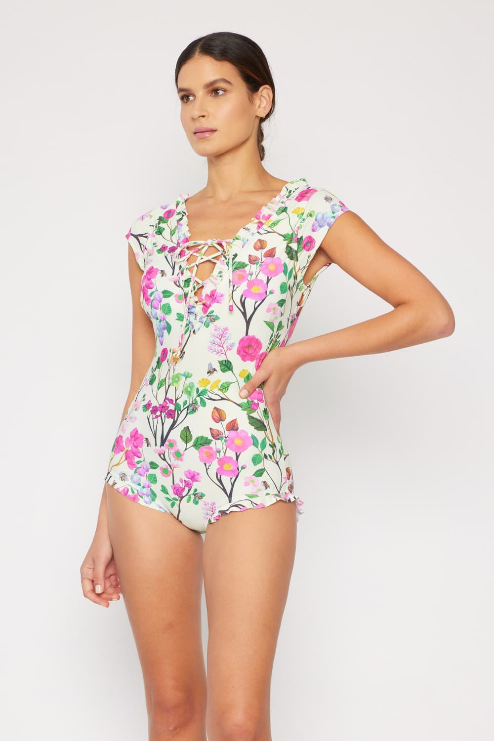 Marina West Swim Bring Me Flowers V-Neck One Piece Swimsuit Cherry Blossom Cream 