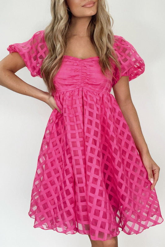 Strawberry Pink Checkered Puff Sleeve Babydoll Dress - Babbazon Short Dresses