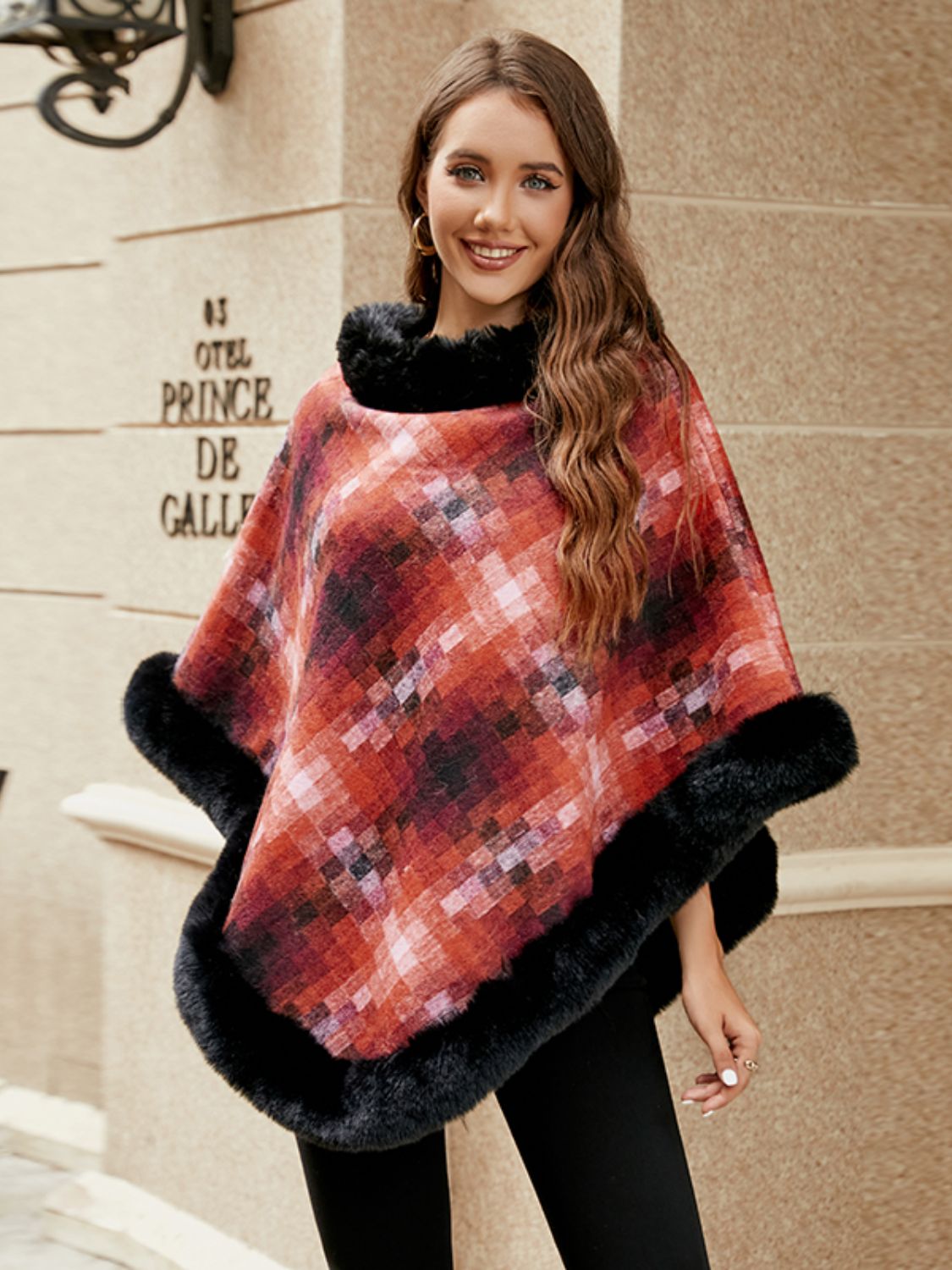 Faux Fur Trim Poncho 