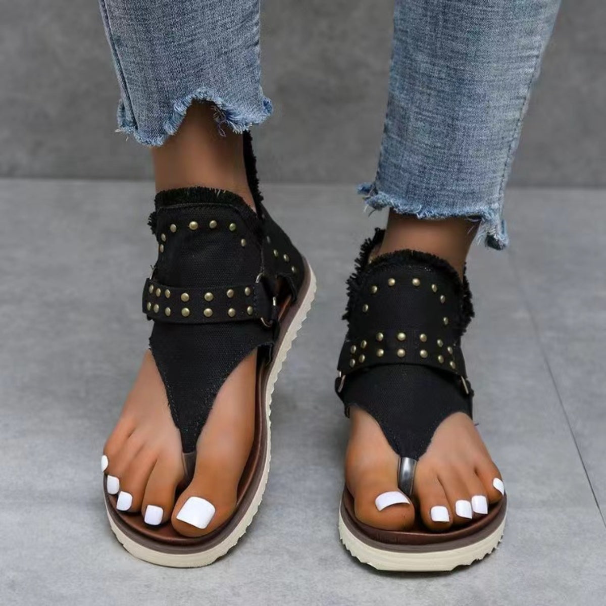 Studded Raw Hem Flat Sandals - Babbazon New Products