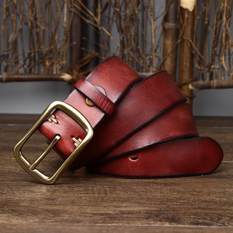 Men's Cowhide Vintage Distressed Pleated Brass Buckle Belt 