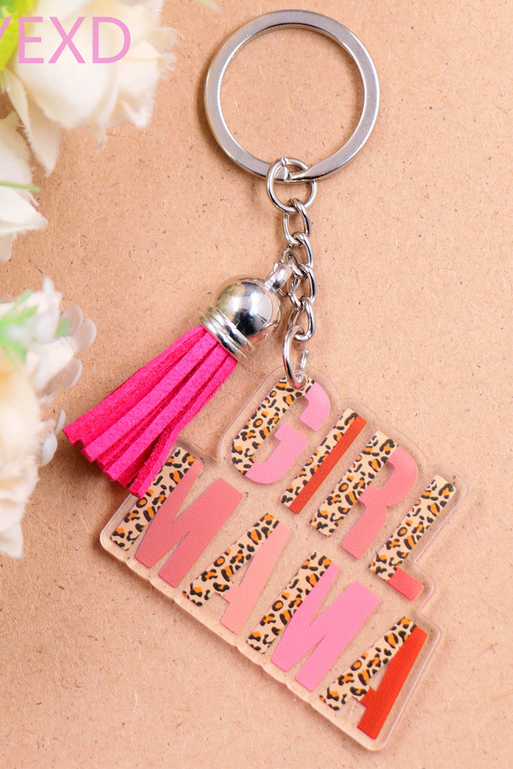 Strawberry Pink Leopard GIRL MAMA Shape Fringe Keychain - Babbazon Accessories & Jewelry