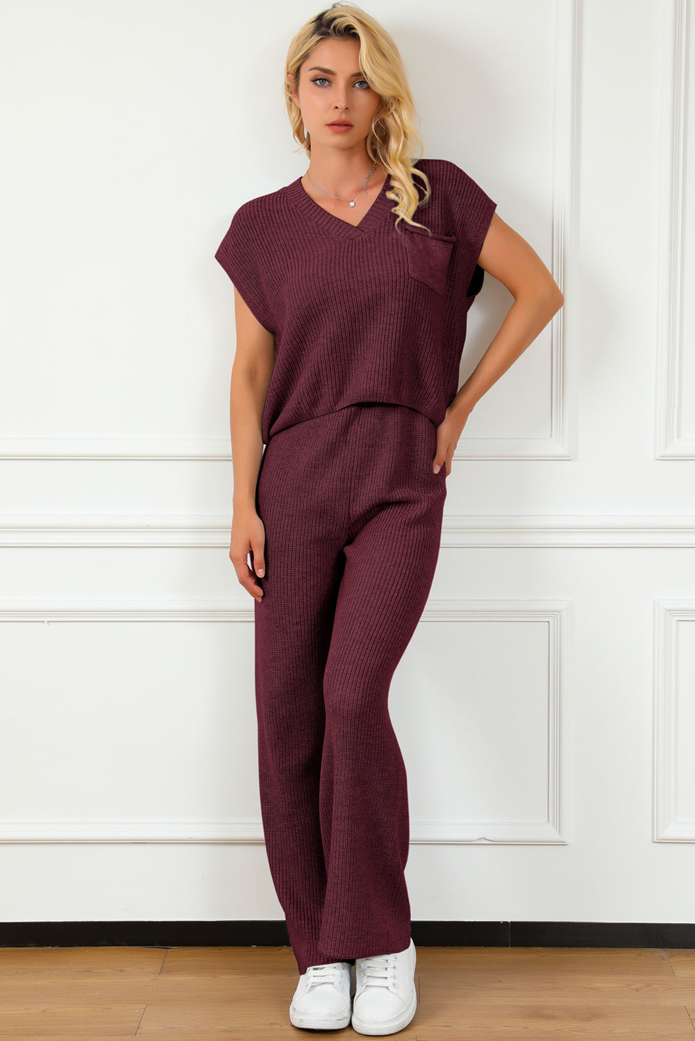 Pocketed V-Neck Top and Wide Leg Sweater Set 