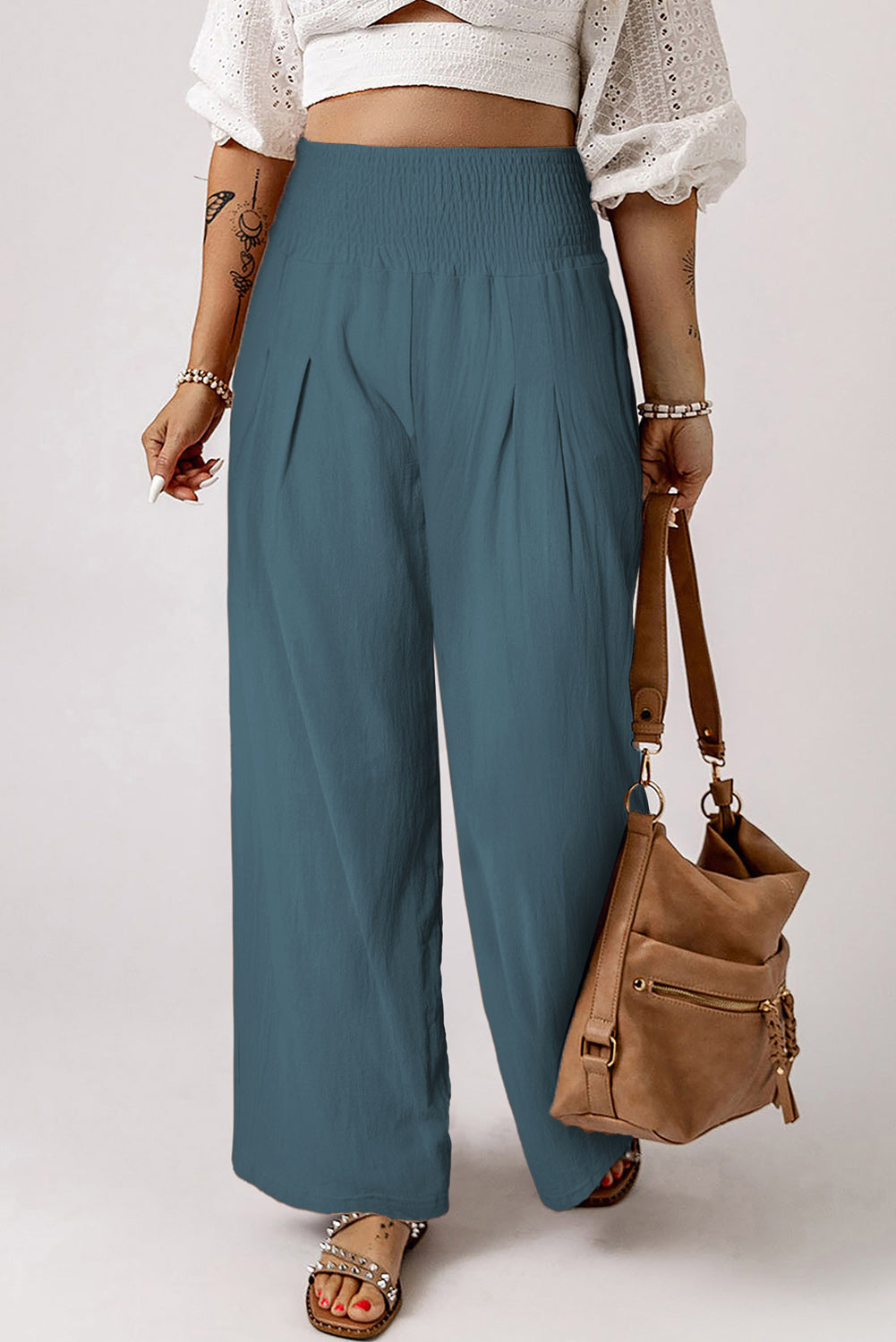 Smocked High Waist Wide Leg Pants - Babbazon