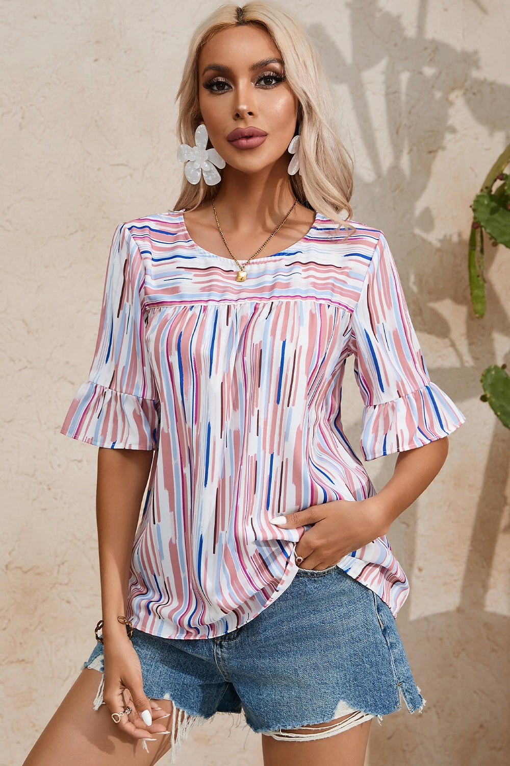 Printed Round Neck Flounce Sleeve Blouse - Babbazon new