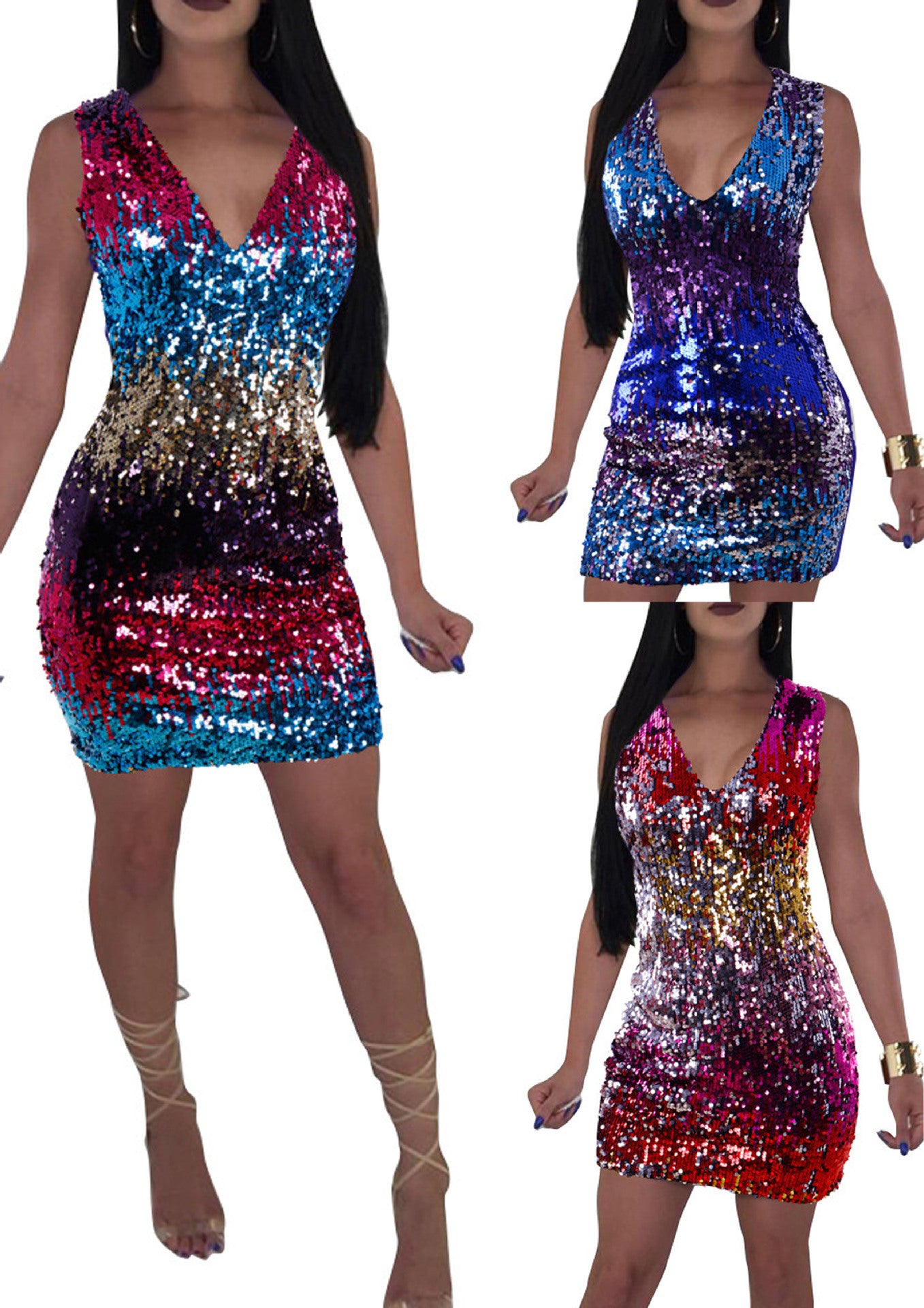 Sleeveless Bag Hip Deep V Sequin Dress Contrast Color Skirt