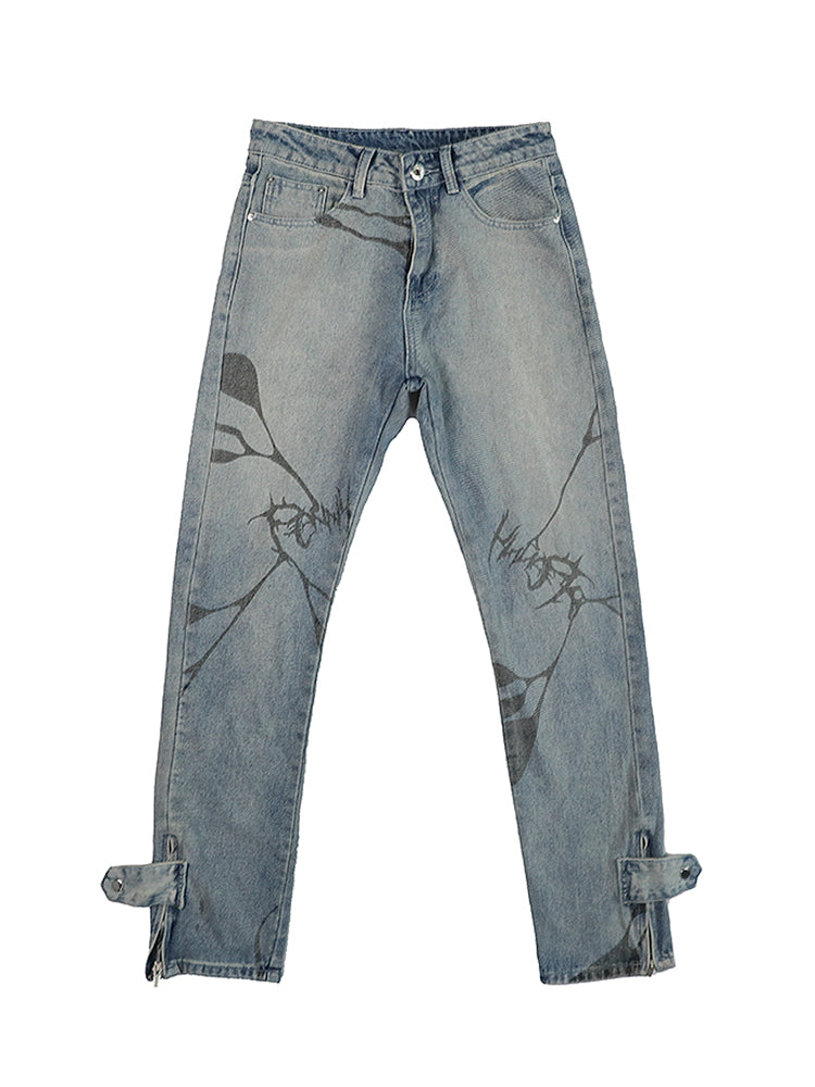 Thorn Print Distressed Breasted Straight-leg Jeans With Zipper