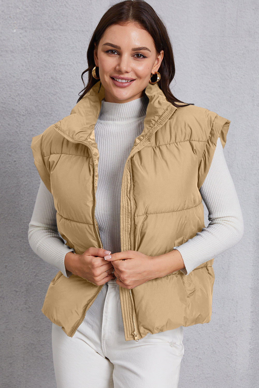 Zip Up Turtleneck Pocketed Vest Coat