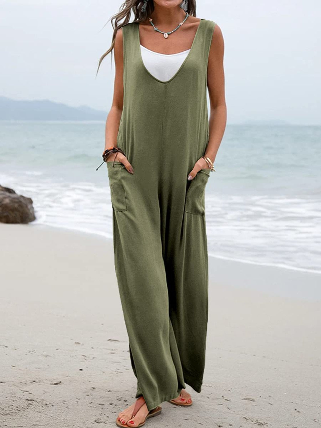 Full Size Wide Strap Jumpsuit with Pockets - Babbazon new