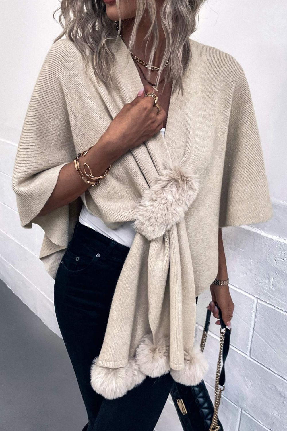 Surplice Neck Pom-Pom Trim Poncho 