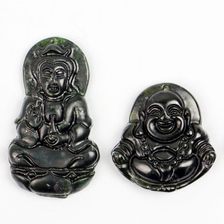 Dark Green Jade Guanyin Buddha Serpentine Black Green Jade Pendant