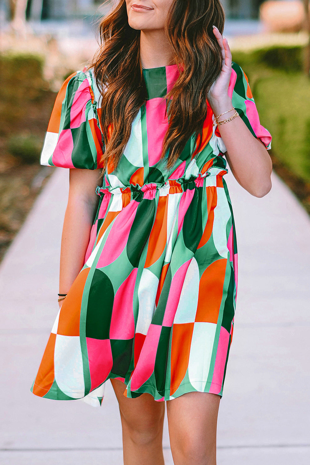 Green Abstract Print Puff Sleeve Short Dress - Babbazon Short Dresses