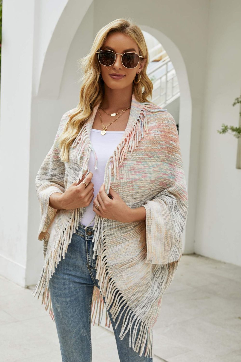 Multicolored Fringe Trim Poncho 