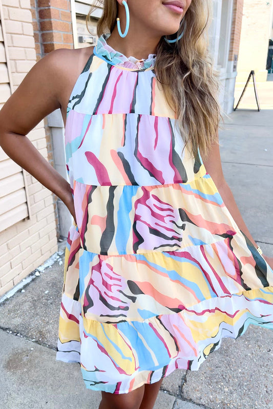 Multicolor Abstract Print Sleeveless Tiered Flowy Dress - Babbazon Short Dresses