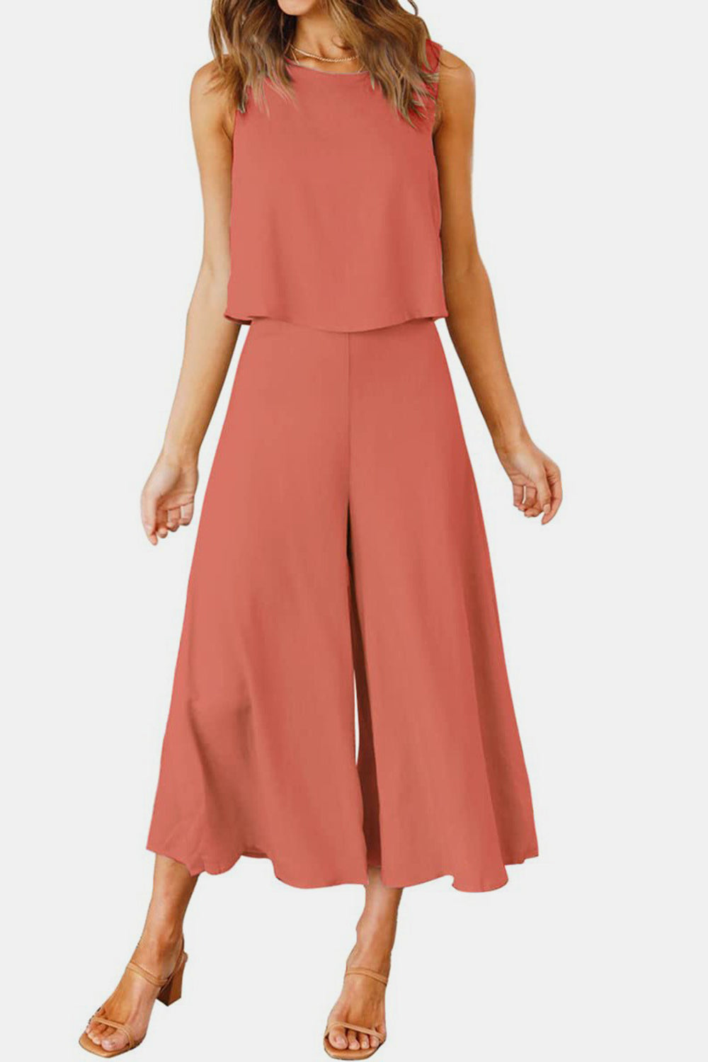 Round Neck Top and Wide Leg Pants Set - Babbazon New Products