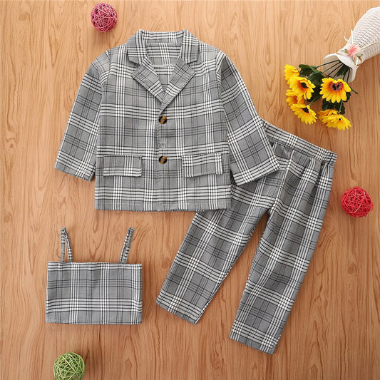 Autumn Girls New Long Sleeve Three-piece Suit Western Style Houndstooth Suit