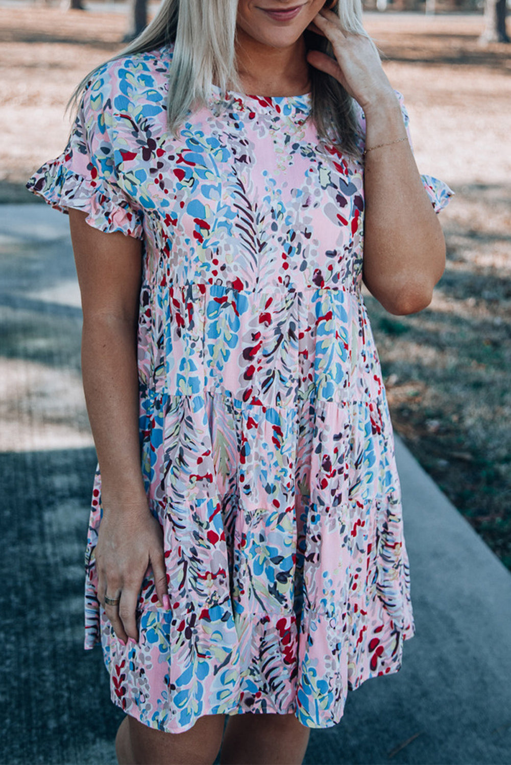 Pink Abstract Print Boho Tiered Ruffled Short Dress - Babbazon Short Dresses