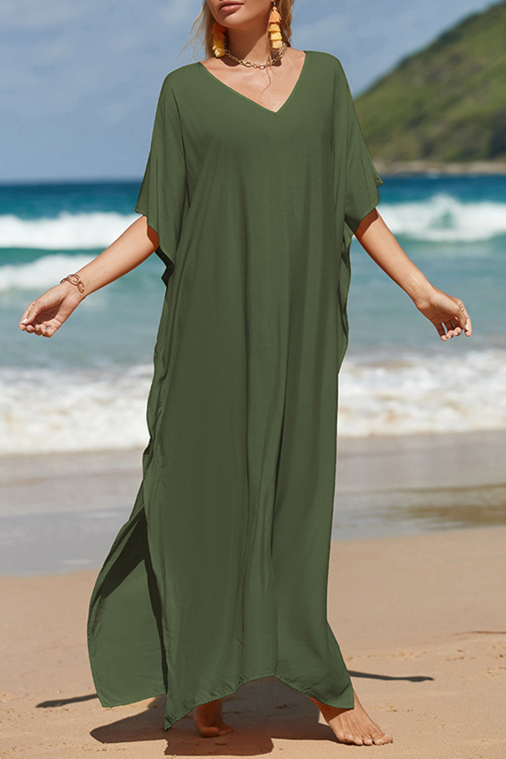 Slit V-Neck Half Sleeve Cover-Up 