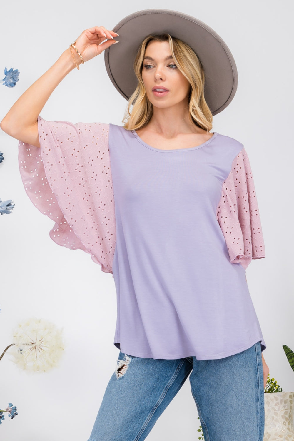 Celeste Full Size Contrast Eyelet Ruffle Sleeve Blouse - Babbazon New Products