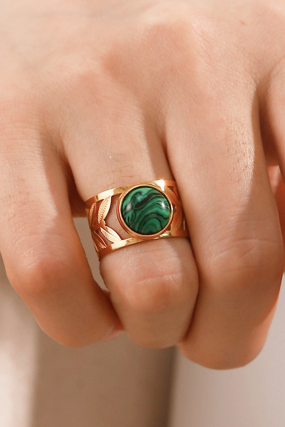 18k Gold Plated Malachite Leaf Ring 