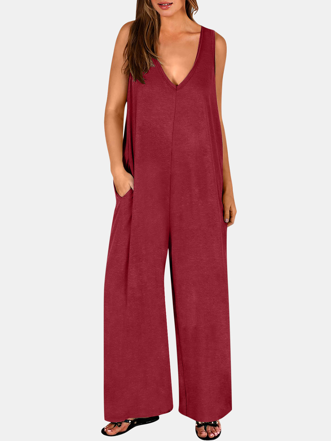 Full Size V-Neck Wide Strap Jumpsuit - Babbazon New Products