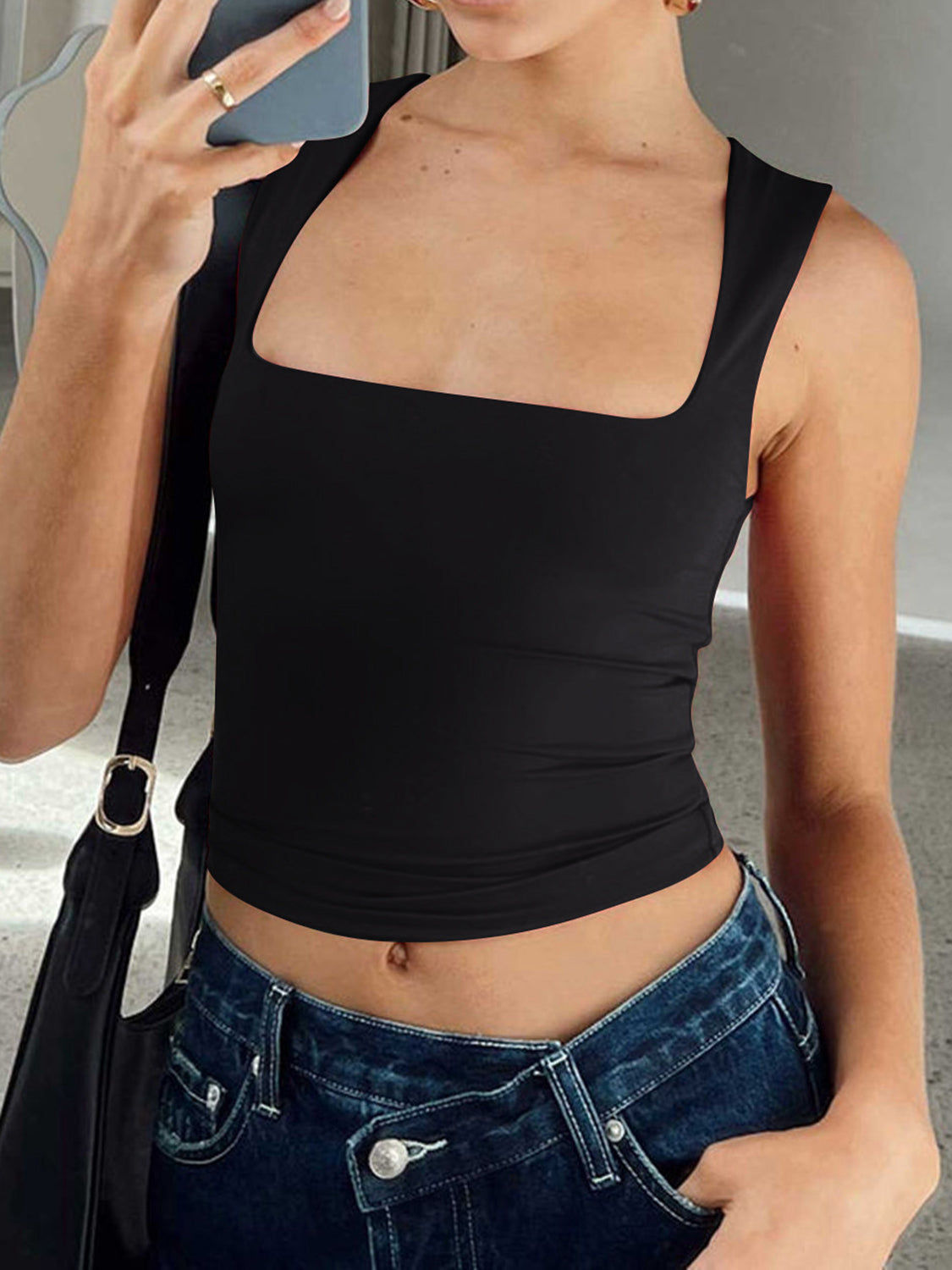 Square Neck Wide Strap Tank - Babbazon New Products