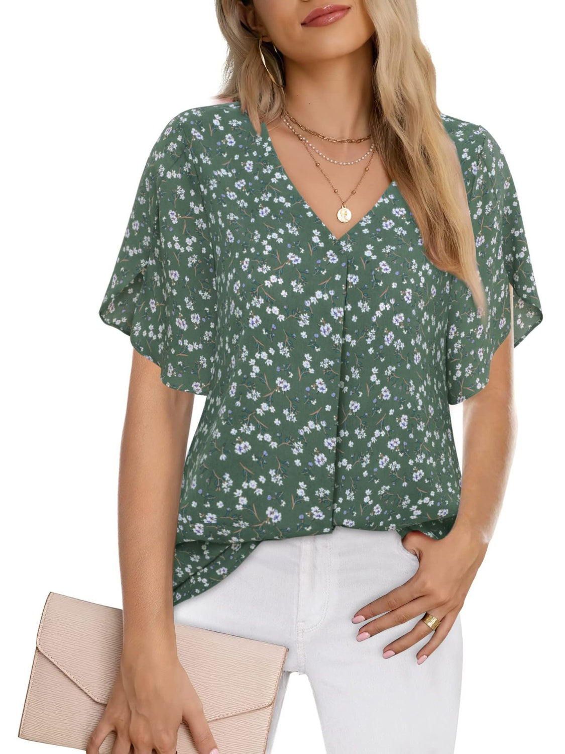 Printed V-Neck Slit Half Sleeve Blouse 