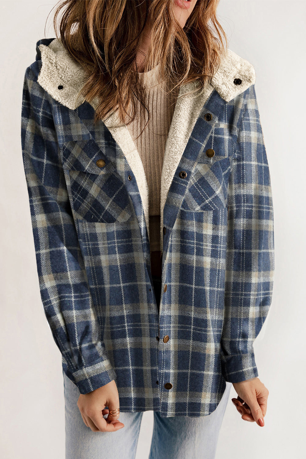 Plaid Snap Down Hooded Jacket - Babbazon Jacket