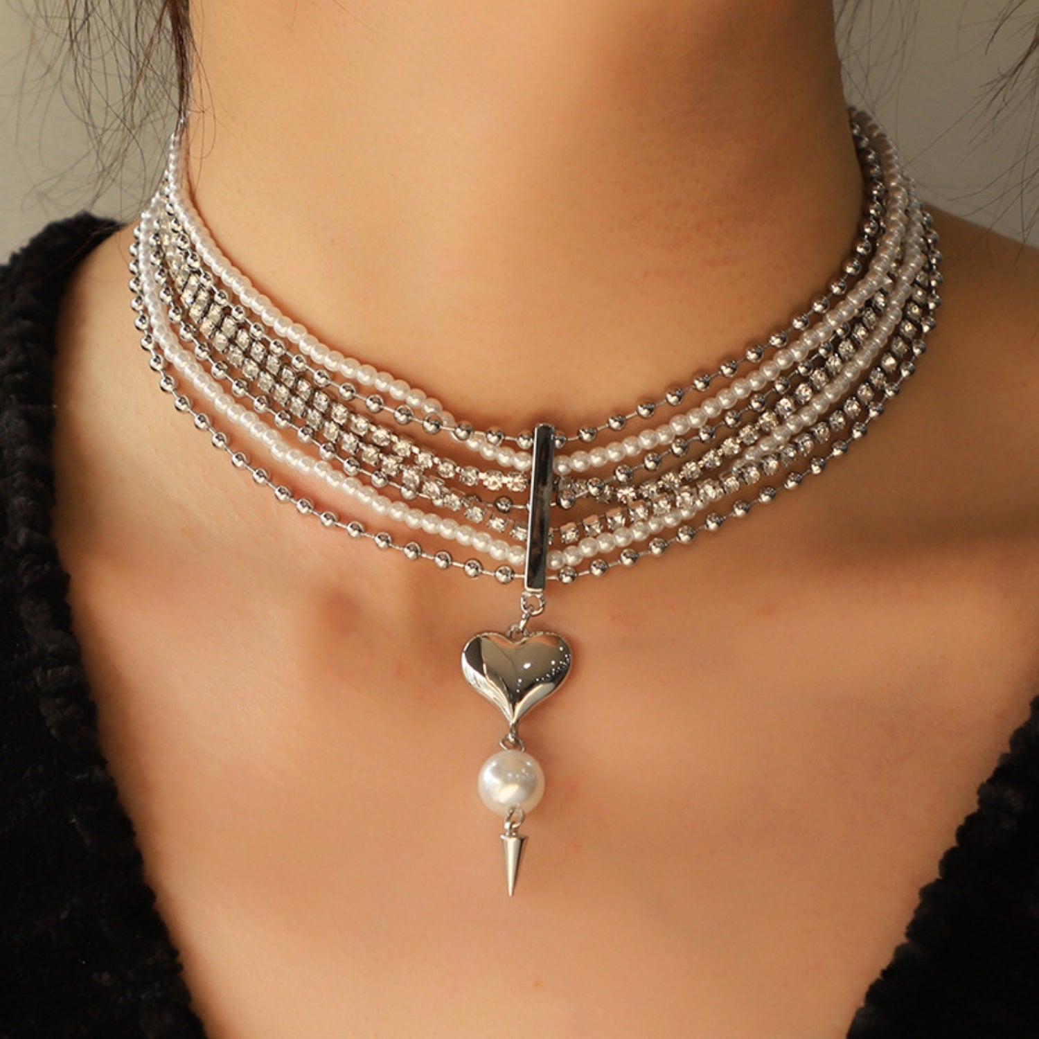 Layered Synthetic Pearl Rhinestone Heart Pendant Necklace 