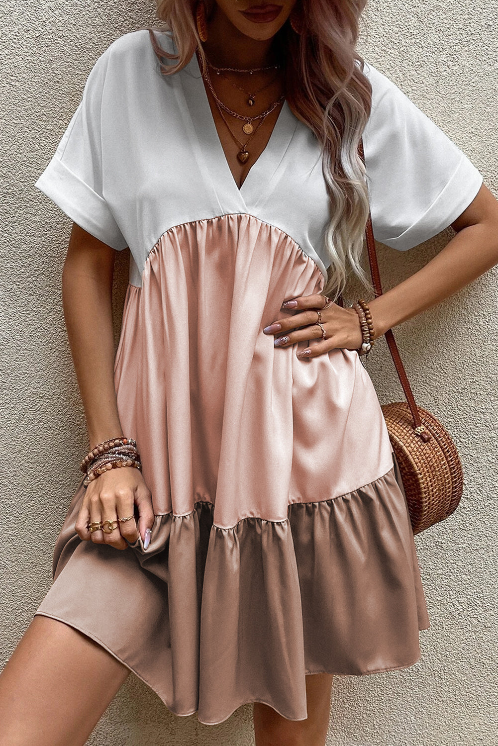 Light Beige Tiered Colorblock V Neck Loose Short Dress - Babbazon Short Dresses