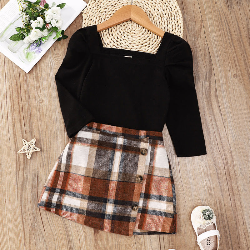 Long Sleeve Plaid Print Children's Skirt Set