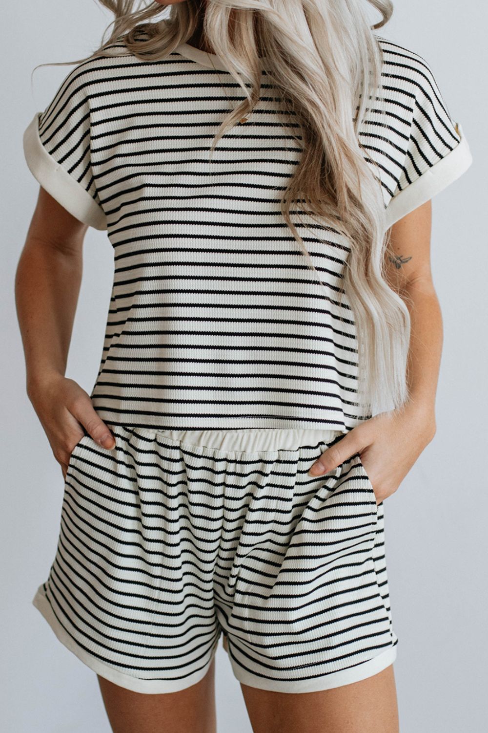 Striped Round Neck Top and Shorts Set - Babbazon New Products