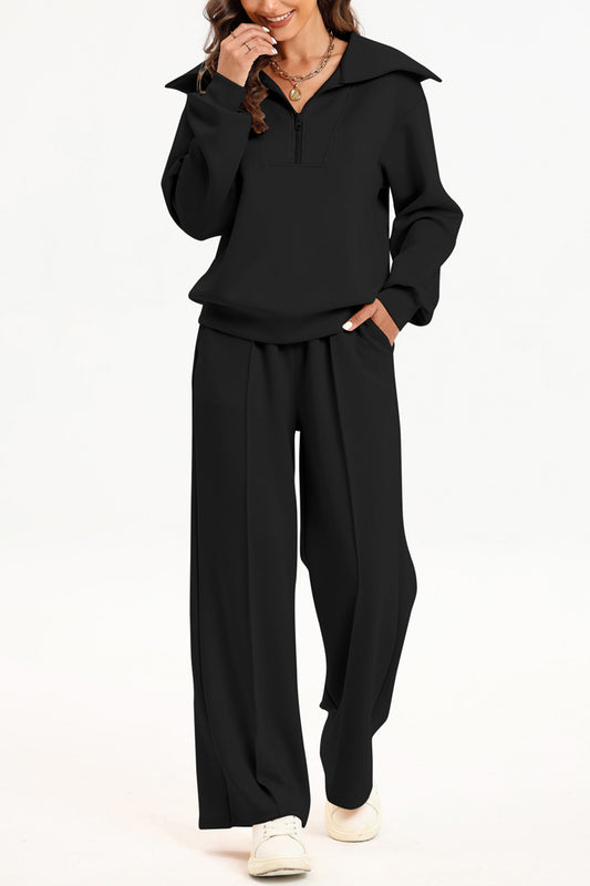 Half Zip Collared Neck Sweatshirt and Pants Set - Babbazon