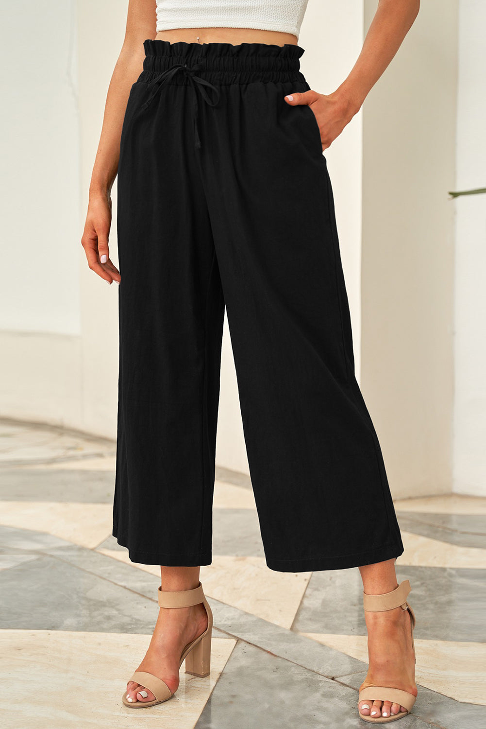 Drawstring Paperbag Waist Wide Leg Pants - Babbazon new