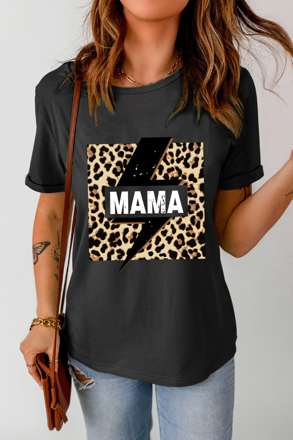 Black Mama Lightning Leopard Print Graphic Tee - Babbazon Graphic Tees