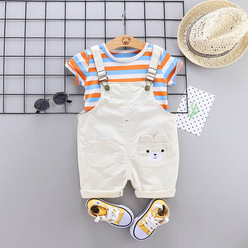 Two Large Striped Round Neck Short-Sleeved Rainbow Suspenders Shorts