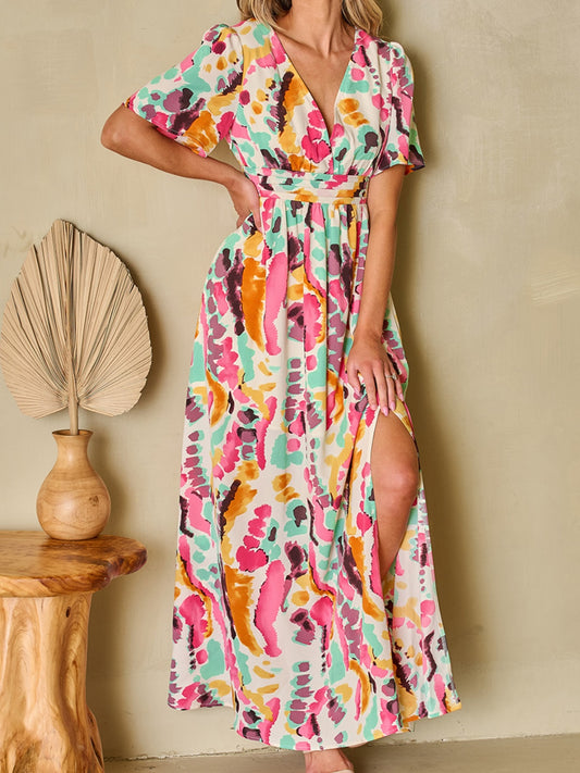 Slit Printed Surplice Short Sleeve Maxi Dress - Babbazon dress