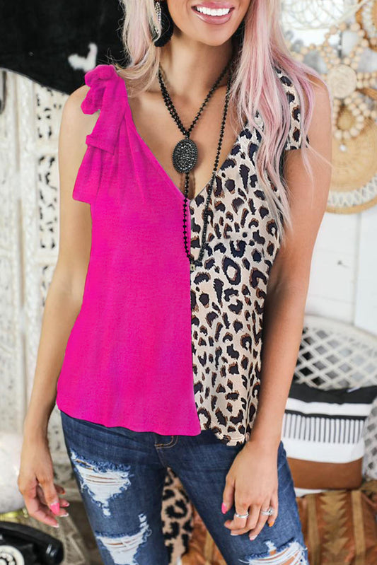 Rose Leopard Patchwork Tie Strap Tank Top - Babbazon Tank Tops