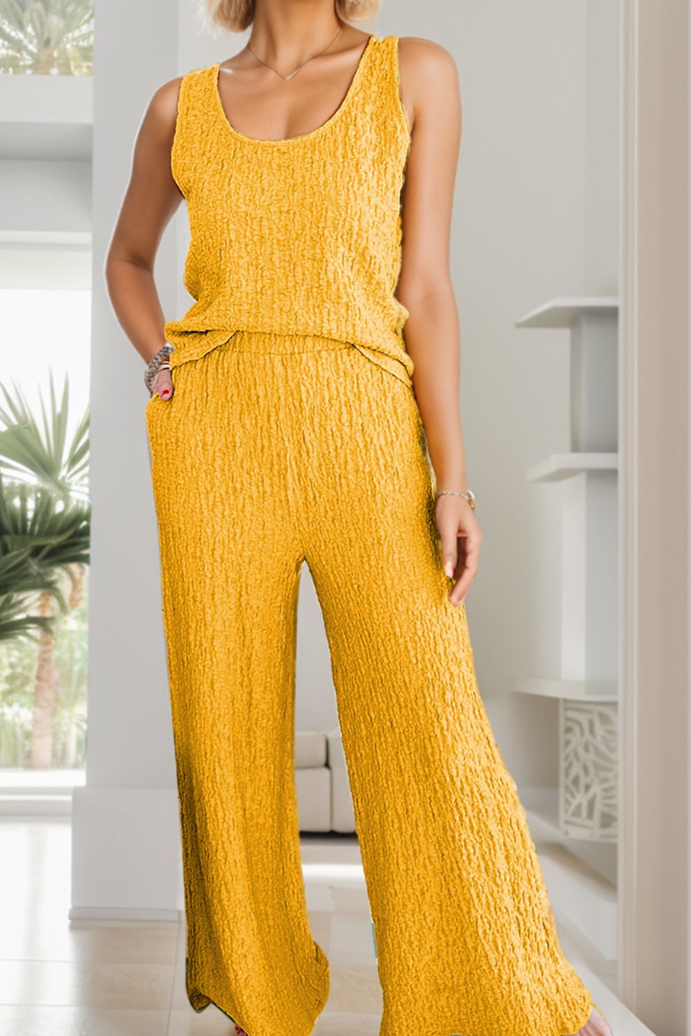 Textured Round Neck Top and Wide Leg Pants Set - Babbazon New Products